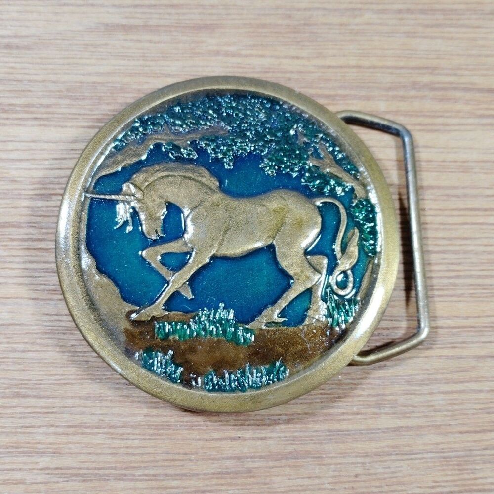 Vintage 1976 Unicorn Brass Belt Buckle Indiana Metal Craft Dege Geen Enamel